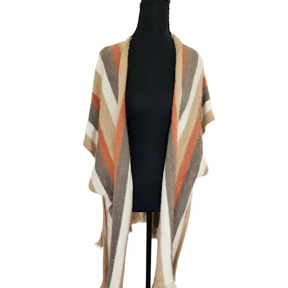 KORI America Womens S/M Striped Eyelash Fringe Boho Kimono Cardigan Sweater